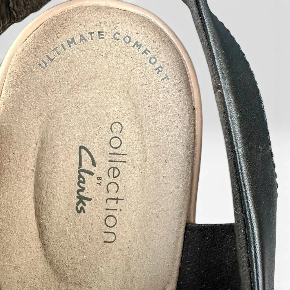 Clarks Collection Womens 7M Black Leather Wedge Sandals Ultimate Comfort